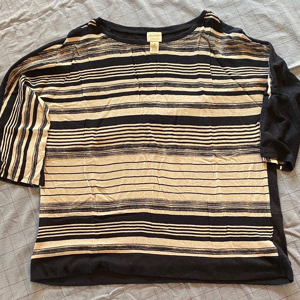 Chico’s Striped Short Sleeve Knit Top - Navy & Cream